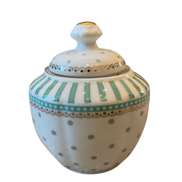 Grace Teaware Fine Porcelain Creamer & Sugar Aqua Blue & White Dots Stripes New - Picture 3 of 16